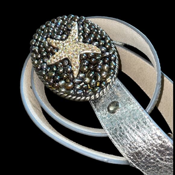 Beachhouse Etc. Black Pearl & Crystal Starfish Buckle Silver Leather Belt - Picture 6 of 6